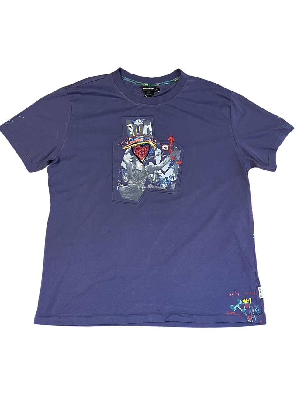 Desigual Shirt Mens XL Purple Art Love Graphic Tee Embroidered Heart Front